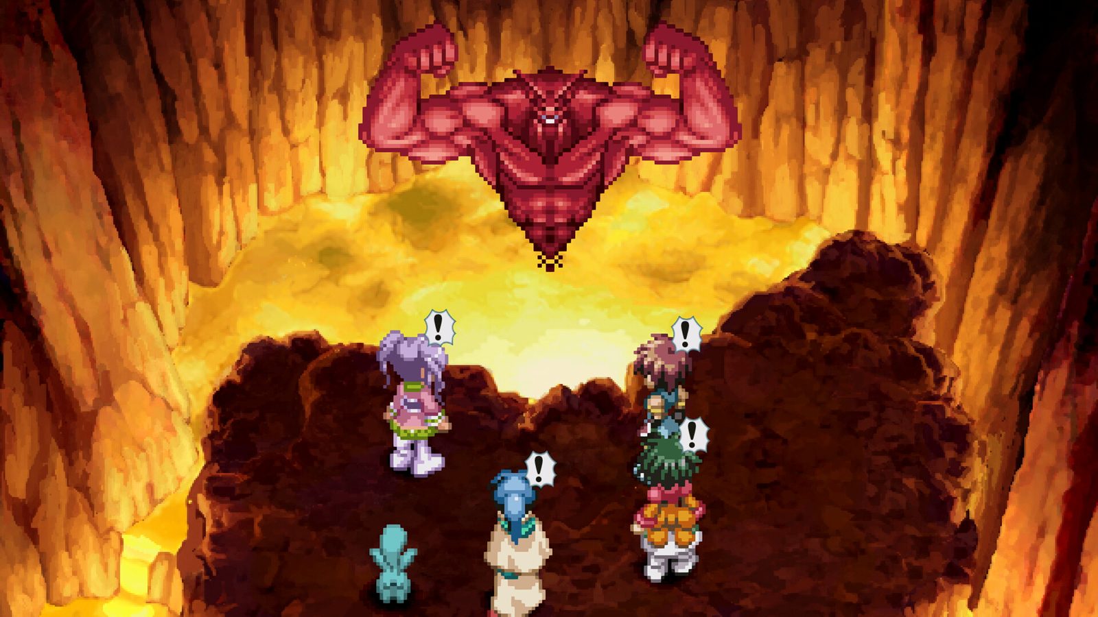 A huge fiery creature facing the party in a cave