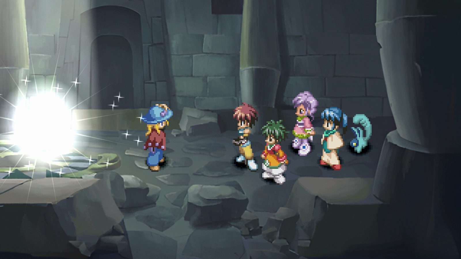 The party inside a stone ruin