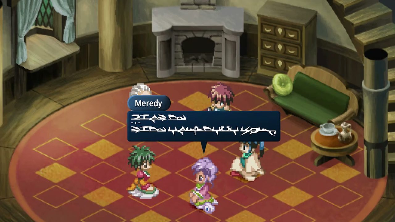 An anime cutscene still of the party walking together