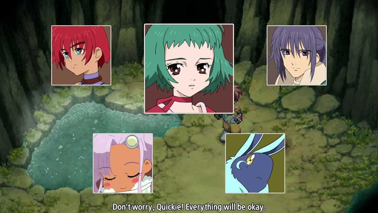An anime cutscene still of the party at the start of the journey