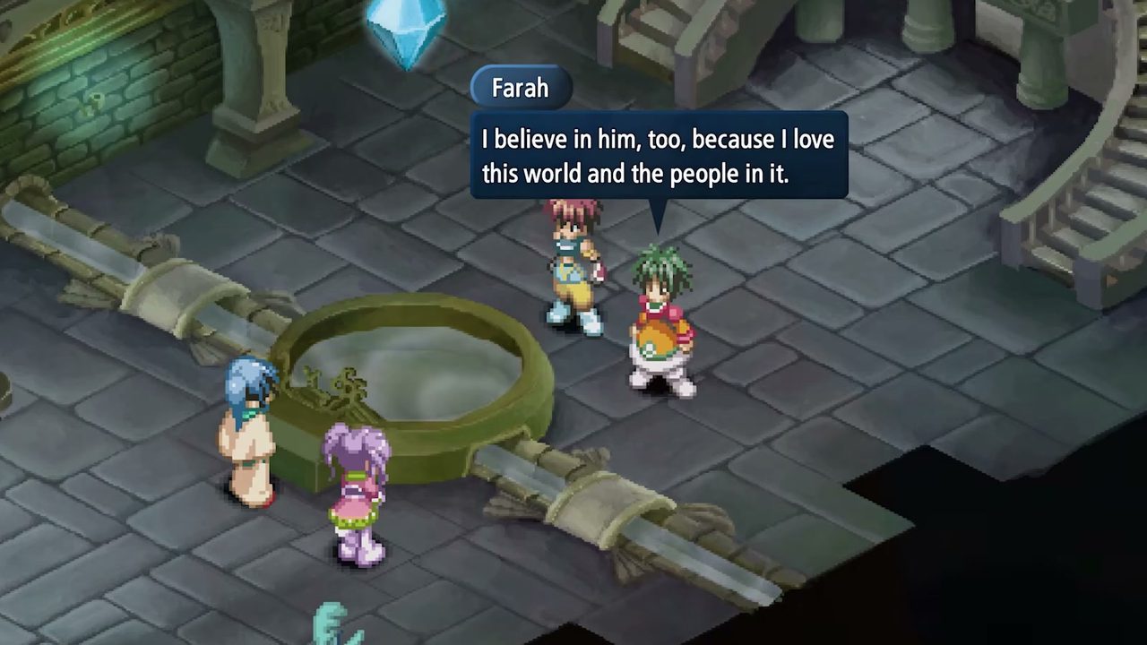 An anime cutscene still of the party talking together