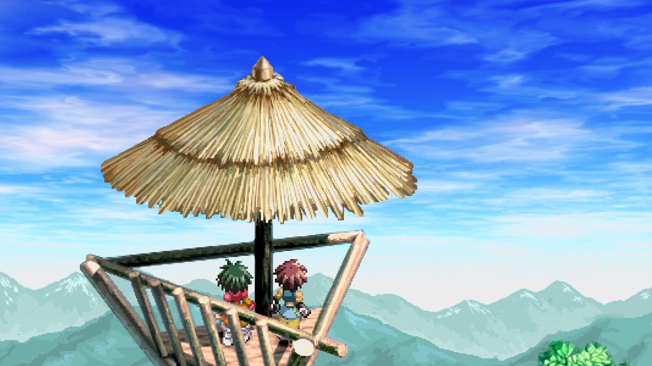 Two characters looking out over a mountain range from a watch platform