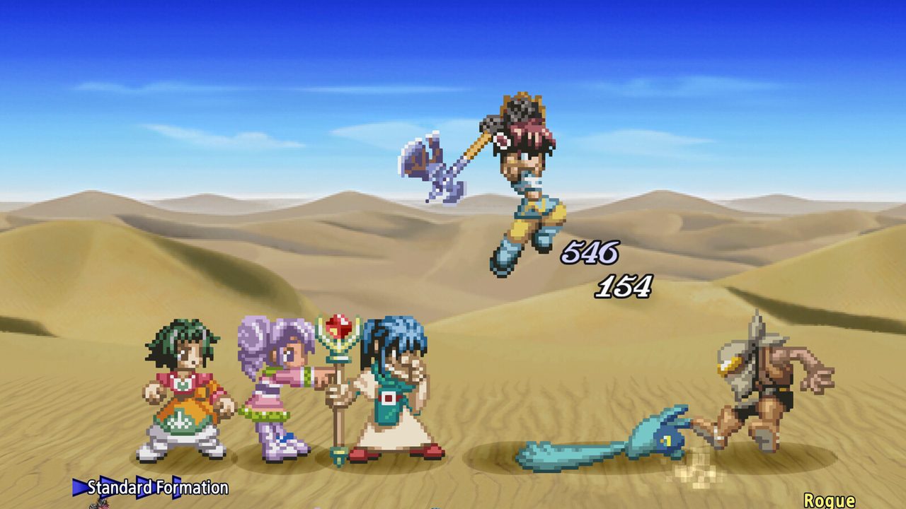 Three party members lined up against an enemy in the desert