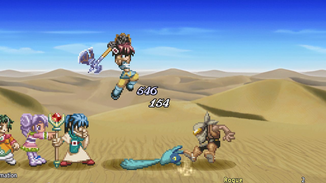 Three party members lined up in battle with the HUD visible