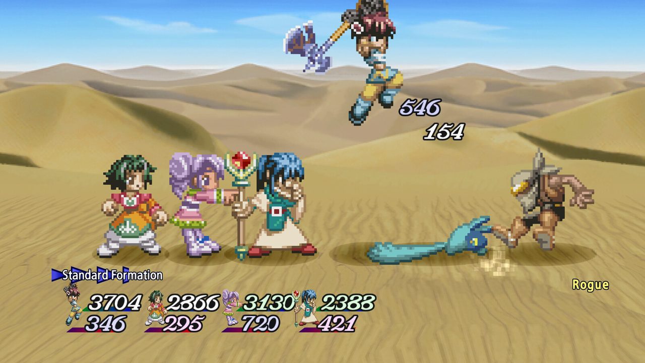 Three party members lined up in battle with the HUD visible