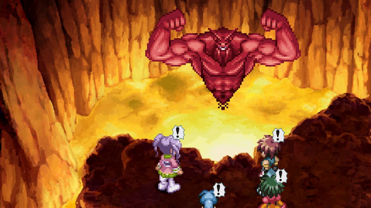 A large fiery creature confronting the party in a glowing cave