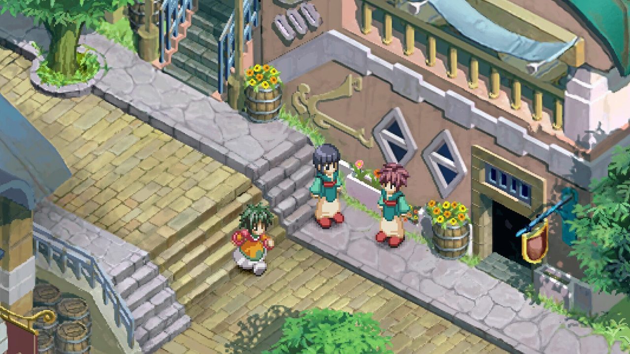 A party member in a town square in an official screenshot