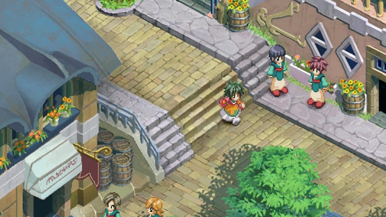 A party member in a town square in an official screenshot