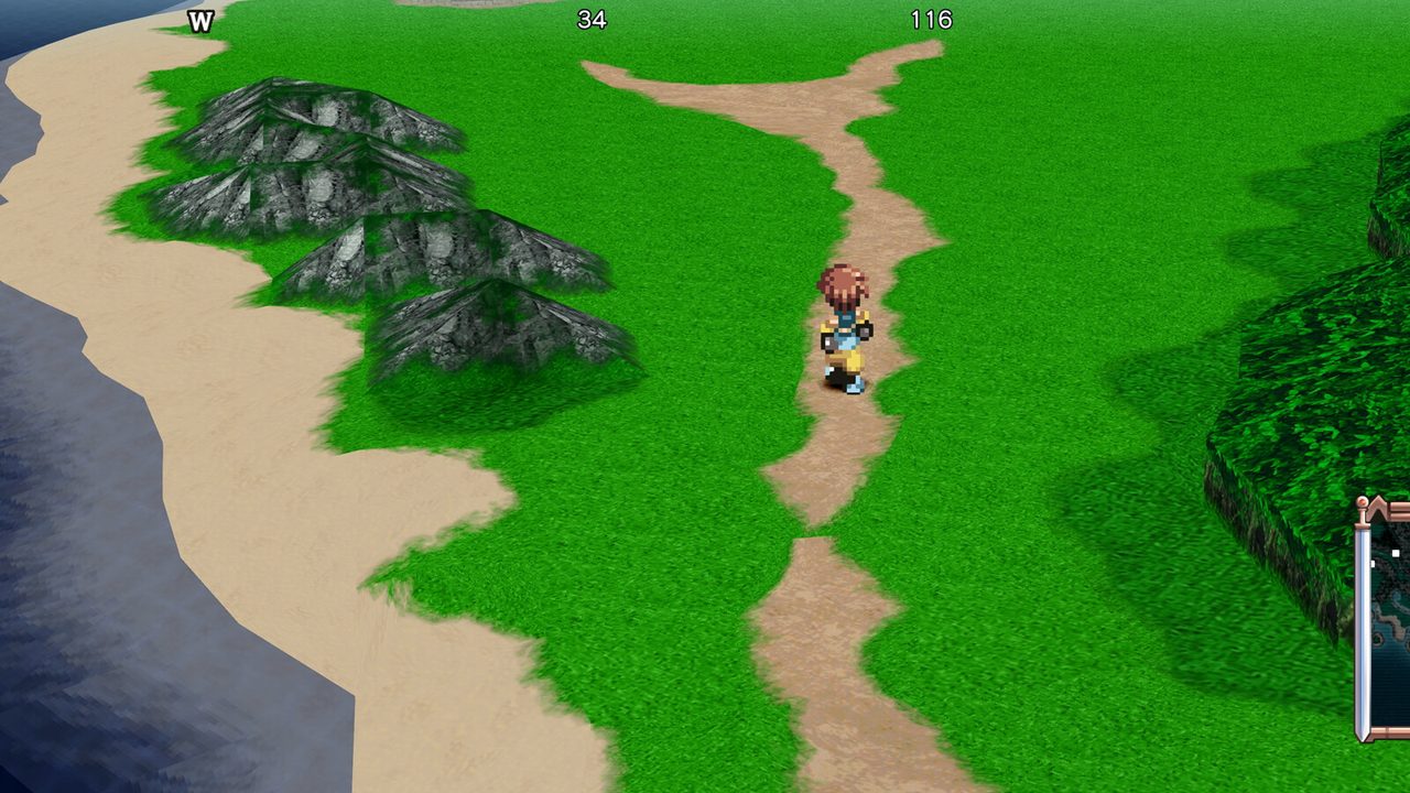 A field path with the minimap and compass indicator on screen
