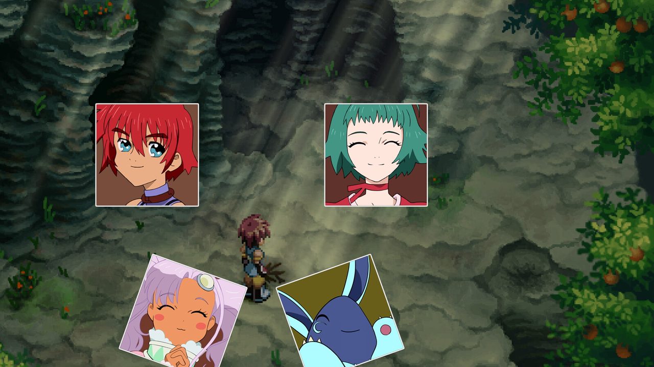 The party status and equipment menu open over a forest background
